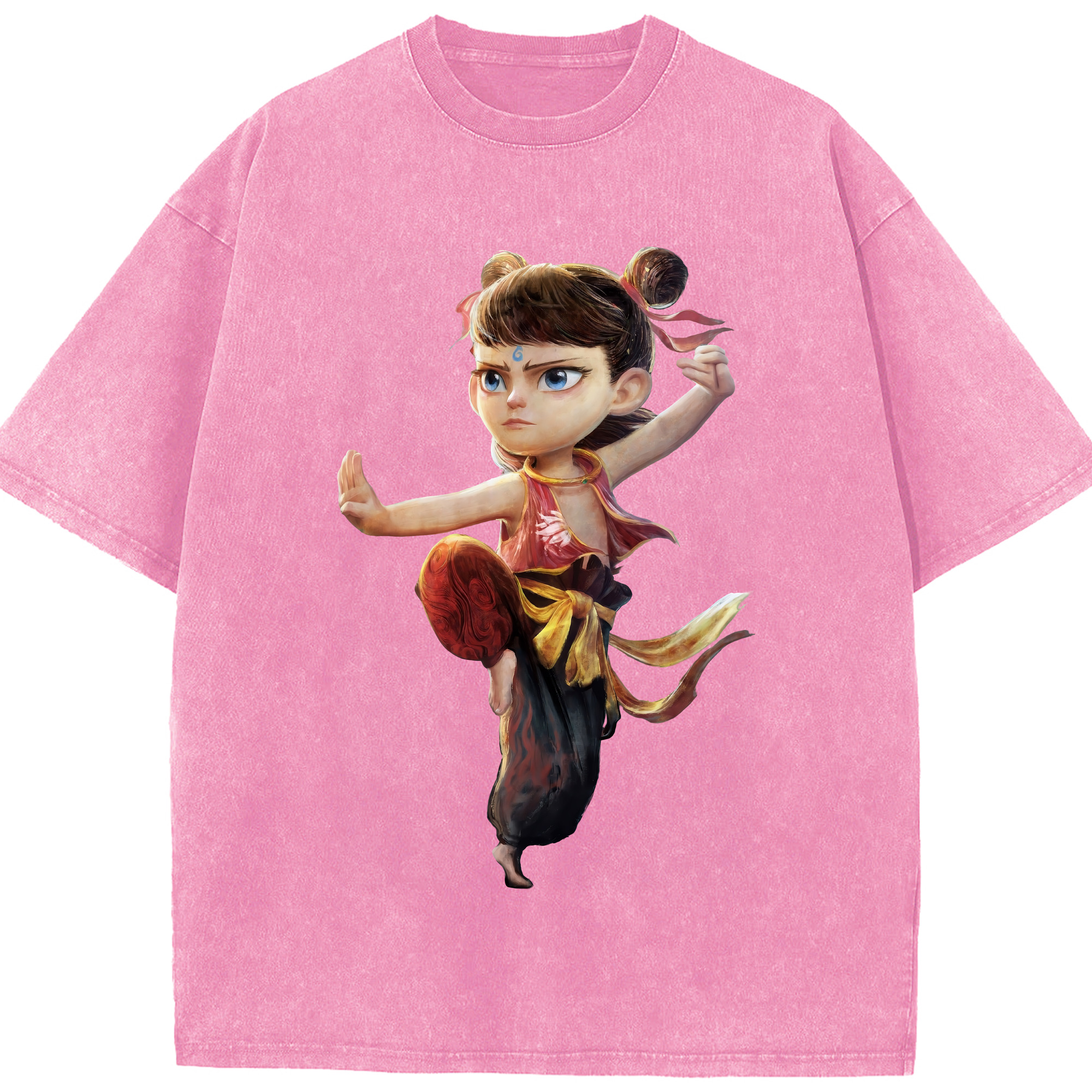 （画像用） Ne Zha 2 ナタ 魔童の大暴れ 綿100% ヴィンテージ風 半袖Tシャツ（フロントプリント）